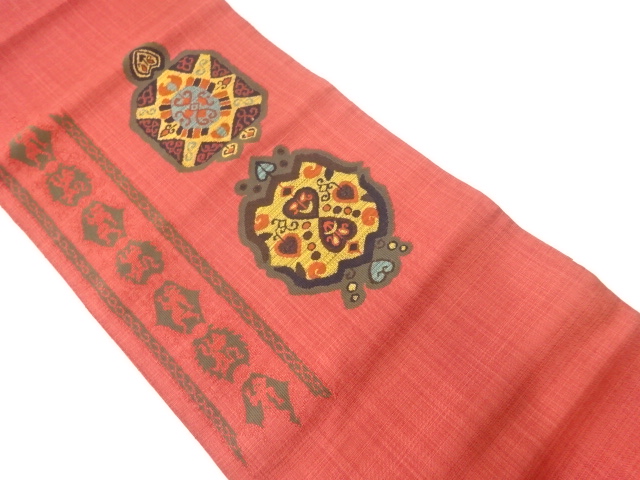 手織り紬更紗模様織出し袋帯